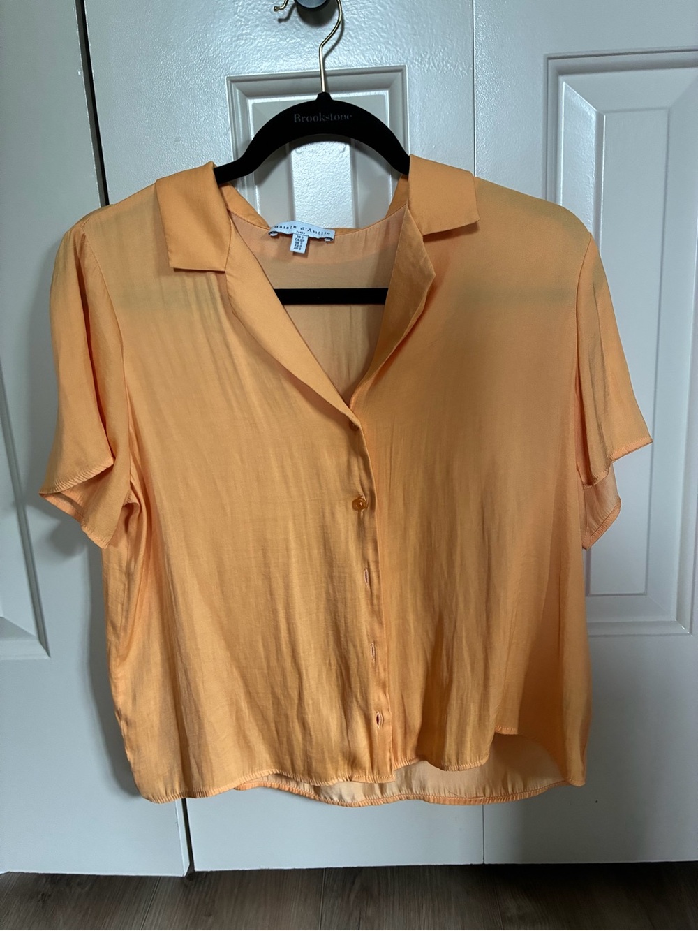 Soft Peach Silk Button-Front Short Sleeve Blouse